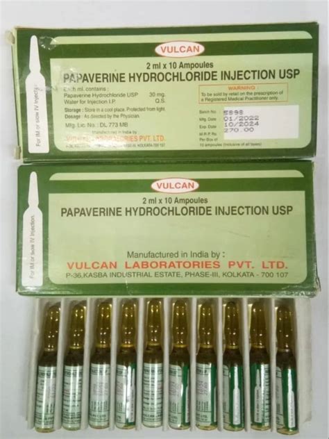 papaverine hydrochloride injection strength  mg mg  rs pack