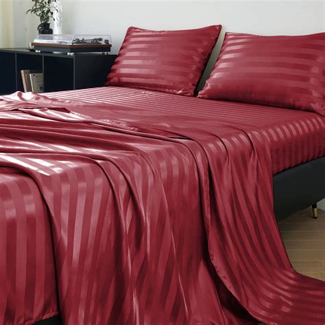 Anminy Satin Sheets Silk Sheets King Dark Burgundy Stripe Bed Sheet Set Deep Pocket Bed Flat