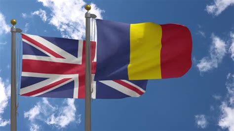 United Kingdom Flag Vs Romania Flag On Flagpole Motion Graphics