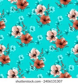 Allover Flowers Leaves Brilliant Colored Pattern Stock Illustration