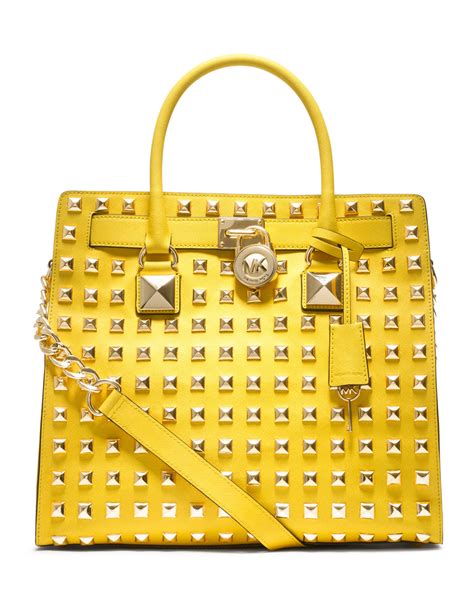 Lyst Michael Kors Large Hamilton Pyramidstud Saffiano Tote In Yellow