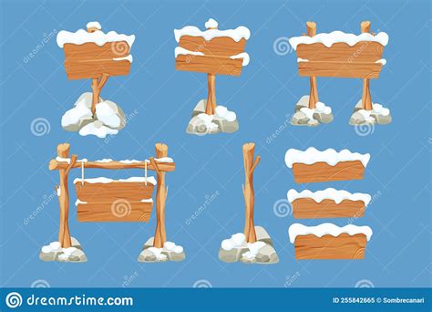 Set Winter Old Wooden Blank Signboard With Snow In Cartoon Style Empty