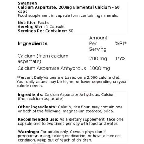 Swanson Calcium Aspartate 200mg Elemental Calcium 60 Caps