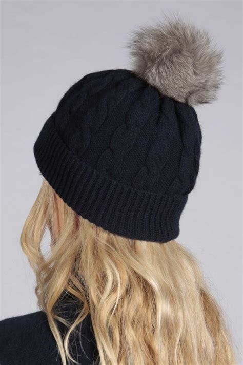 Navy Blue Pure Cashmere Fur Pom Pom Cable Knit Beanie Hat