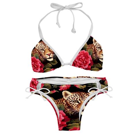 Rose Leopard Women S Detachable Sponge Adjustable Strap Bikini Set 2