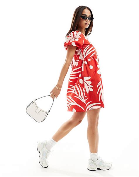 Wednesdays Girl Tropical Floral Print Puff Sleeve Mini Smock Dress In