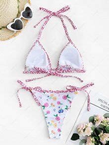 ZAFUL Tie Side Leopard Piping Floral String Bikini Swimwear In WHITE