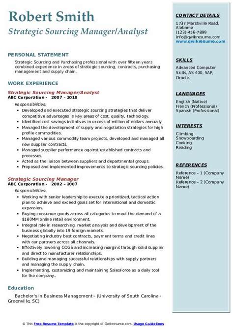 Strategic Sourcing Manager Resume Samples QwikResume