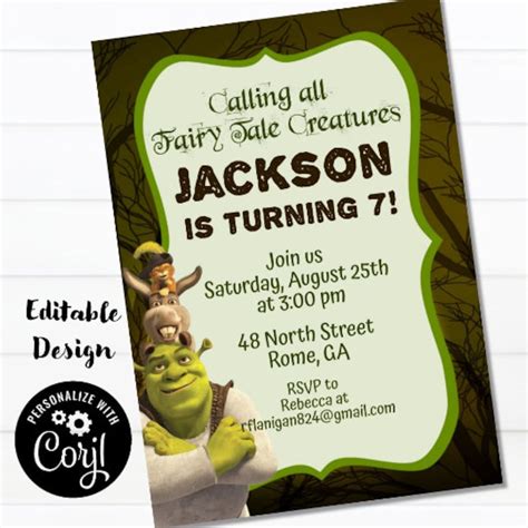 Editable Shrek Night Swamp Printable Birthday Party Invitation Digital