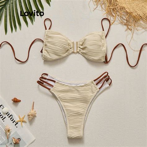 Lovito Women Boho Plain Lace Up Contrast Binding Bikini Sets LBL Shopee Philippines