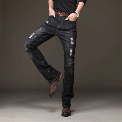 Autumn Mens Ripped Black Flare Jeans Classic Boot Cut Leg Flared Slim Fit Denim Jeans Men