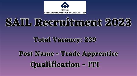 SAIL Recruitment 2023 Apply Online For 239 Trade Apprentice Posts