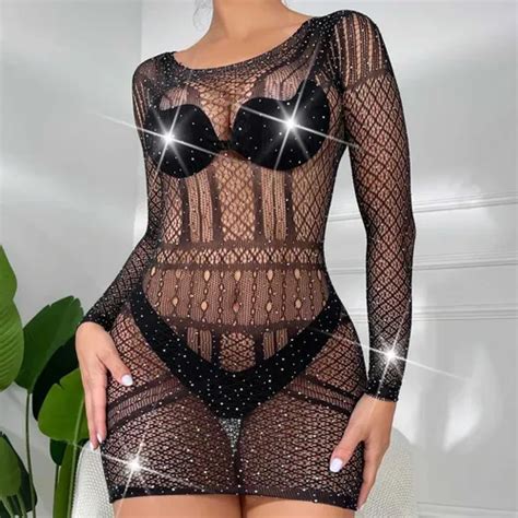 Lingerie Mini Vestido Arrastão Strass Sensual Sexy Langerie Parcelamento sem juros