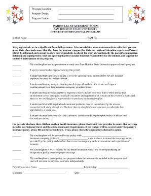 Fillable Online Shsu Parental Statement Form Sam Houston State