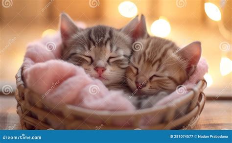 Photo Two Kittens Sleeping In A Basket With A Pink Blanket Generative