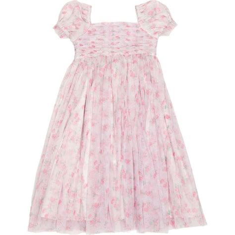 Promenade Puff Sleeve Floral Print Midi Dress Pink And White