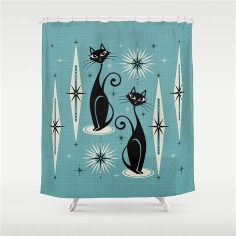 Mid Century Meow Retro Atomic Cats On Blue Shower Curtain By