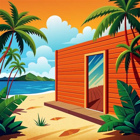 Una pintura de una cabaña de playa con palmeras y una escena de playa