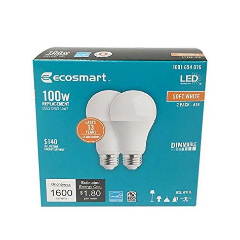 Ecosmart 100w Equivalent Soft White A19 Dimmable Led Light Bulb 2 Pack