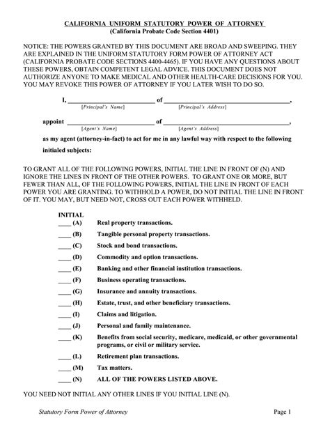 Uniform Statutory Form Power Of Attorney California Probate Code 4401