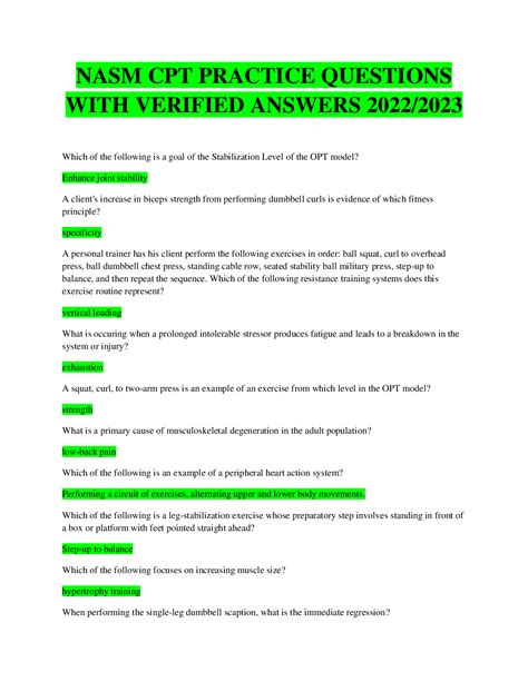 Nasm Cpt Practice Questions With Verified Answers 20222023 Browsegrades