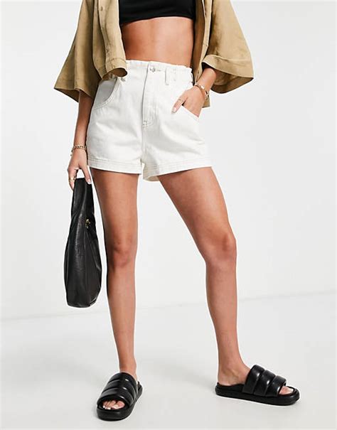 Topshop Paperbag Denim Shorts In White Asos