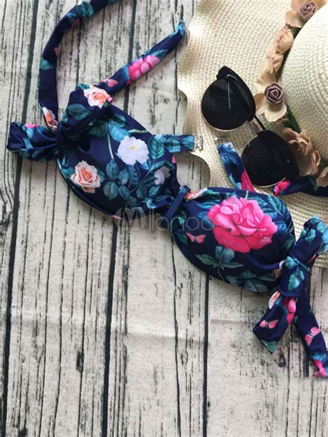 Sexy Bikini Swimsuit Off The Shoulder Bandeau Floral Print Knotted Low