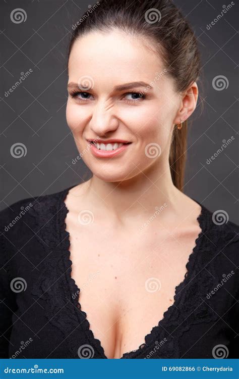 Close Up Portrait Of Elegant Brunette Woman With Nude Make Up Stock Photo Image Of Female