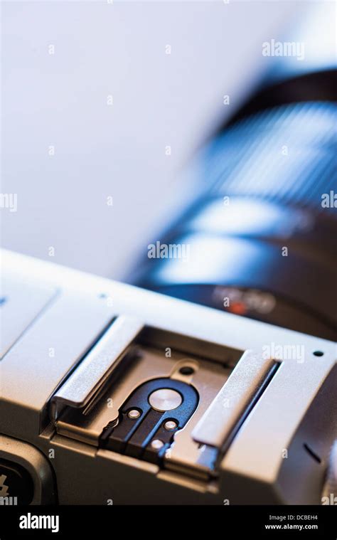 Macro Close Up Photograph Of Camera Speedlight Hot Shoe To Connect External Flash Devices Stock
