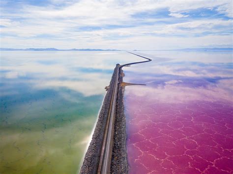 Two colors of the Great Salt Lake. Different bacteria, separated by the ...