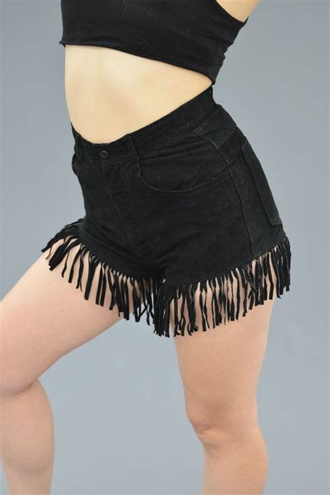 S Black Suede Leather Fringe High Waist Shorts Badass Biker Chic