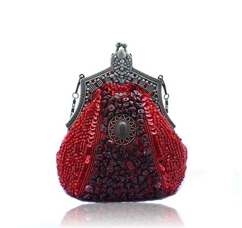 Red Chinese Womens Beaded Sequined Banquet Handbag Clutch Party Bridal