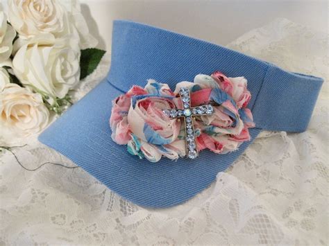 Golf Visor Sun Visor Light Blue With Variegated Matching Shabby Flowers And Blue Rhinestone