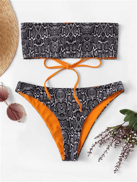 Snakeskin Print Bandeau With High Cut Bikini Set Romwe Bikini