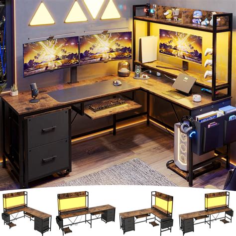 Afuhokles L Shaped Gaming Desk with Power Outlet, LED Strip, Drawer ...