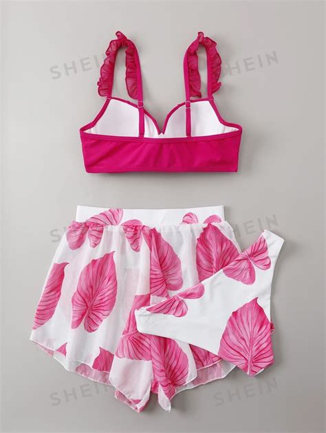 SHEIN Swim Mod 3 piezas con estampado de hoja Bañador bikini push up