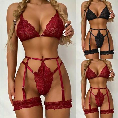Conjunto Luxo Lingerie Gringa Trio Sexy Calcinha e sutiã Cinta Liga rendada Sensual Shopee