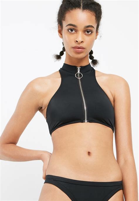 Zip Front Sporty Bikini Set Black Missguided Bikinis Superbalist