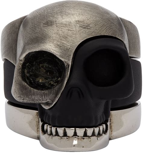 Alexander Mcqueen Silver Black Divided Skull Ring Ssense Uk