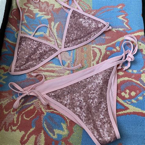 Super Down Pink Sequin Bikini Set Top And Bottom Depop
