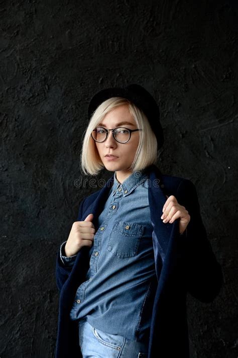 Model Blonde With Short Hair Wearing Glasses Stock Photo Image Of
