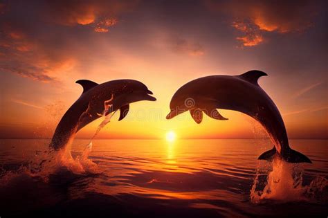 A Pair Of Dolphins Swim In The Ocean At Sunset Ai Generated Stock