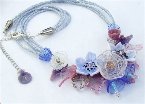 Lampwork Floral Necklace Sky Blue Pink Bouquet Festive Glass Etsy