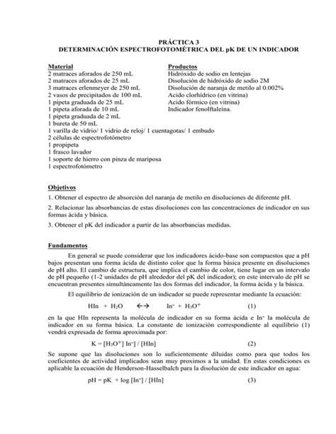 Pr Ctica Determinaci N Espectrofotom Trica Del Pk De Un Indicador