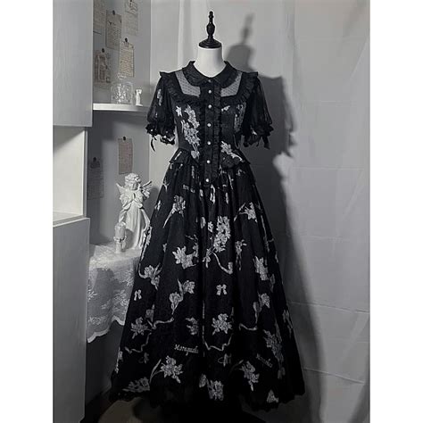 Gladiolus Print Floral Dress Black Semi Sheer Neckline One Piece