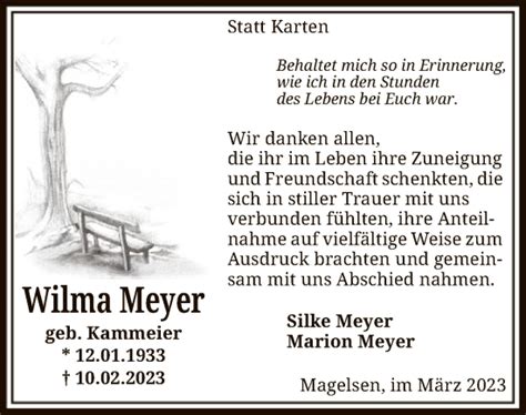 Traueranzeigen Von Wilma Meyer Trauer Kreiszeitung De