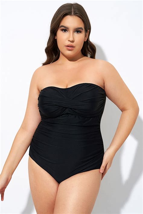 Plain Black Twist Front Bandeau One Piece Swimsuit Meetcurve Meetcurve