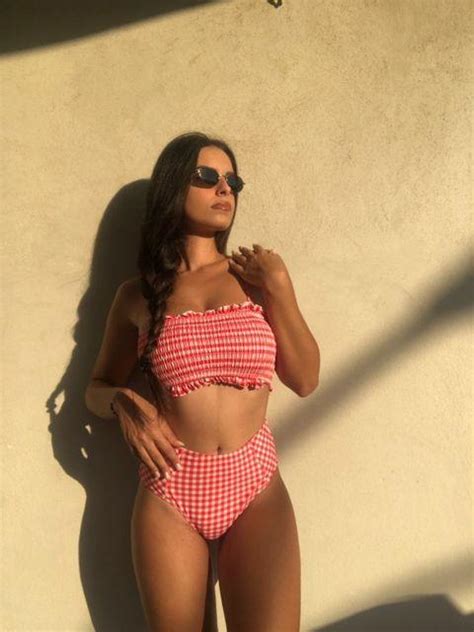 Ruched Gingham Spaghetti Straps Adjustable Straps High Waist Bikini Set Walkonbeach