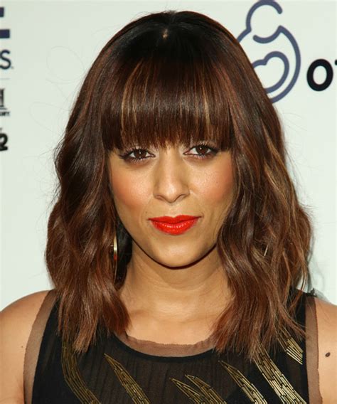 Tia Mowry Medium Wavy Chocolate Brunette Hairstyle With Blunt Cut Bangs