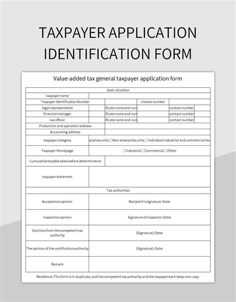Taxpayer Application Identification Form Excel Template And Google